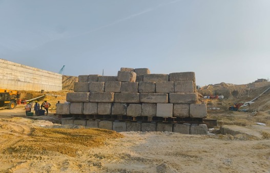 Kentledge concrete blocks stacked systematically on steel platform